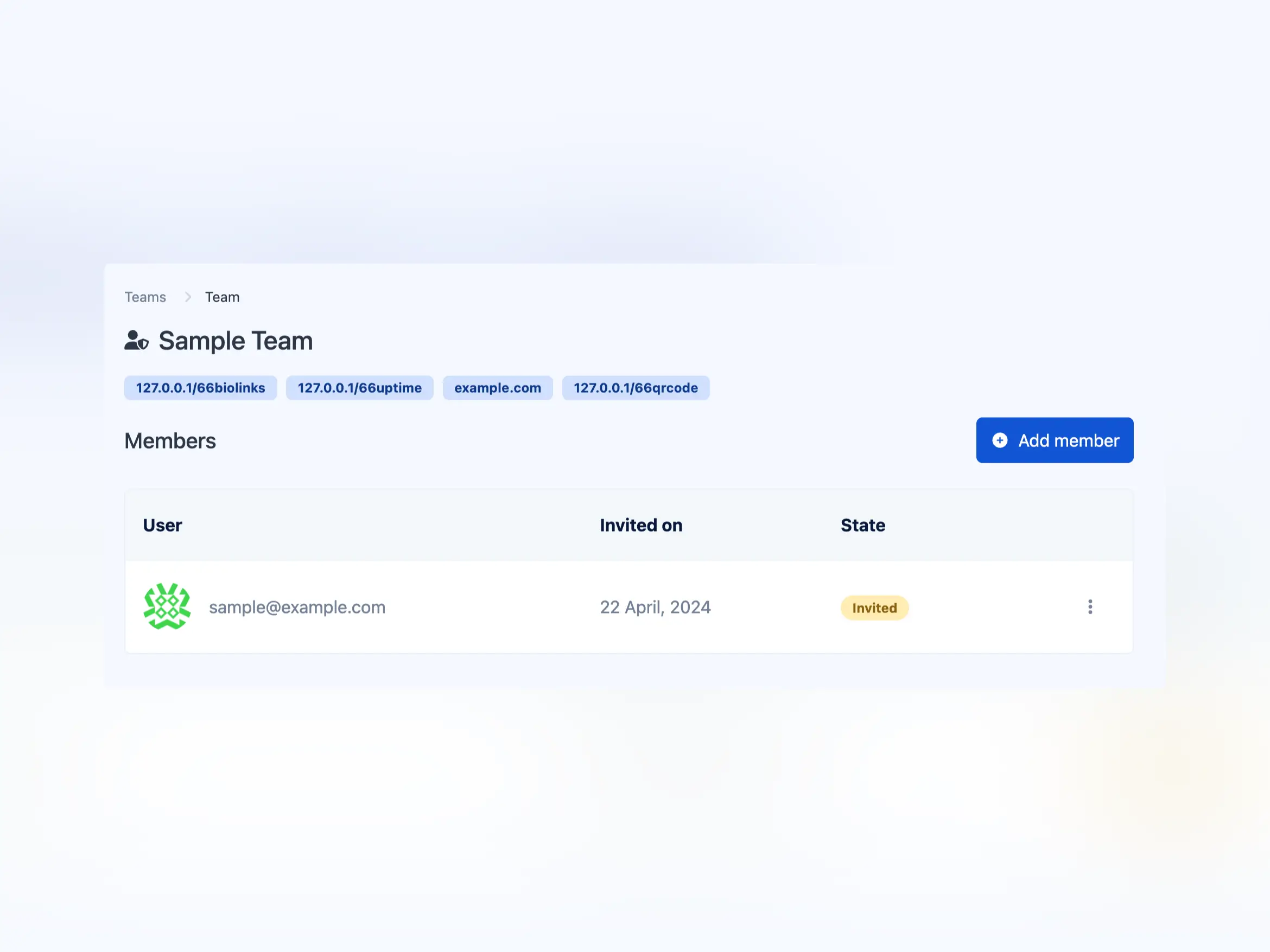 Captura da tela da página de equipe da aplicação